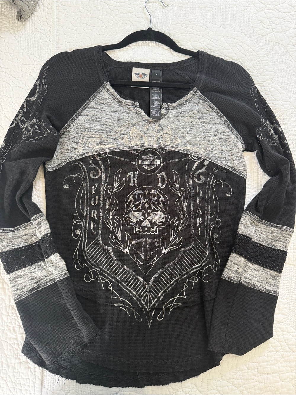 Ed Hardy Black & Gray Graphic Raglan Thermal Top